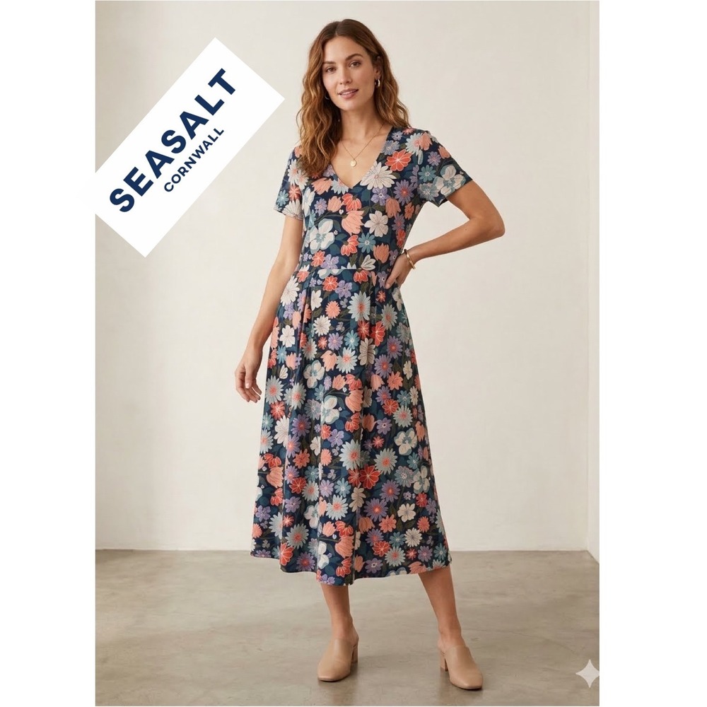 Seasalt Cornwall Organic Cotton Floral V-Neck Midi Dress Navy Blue US 10 UK 14